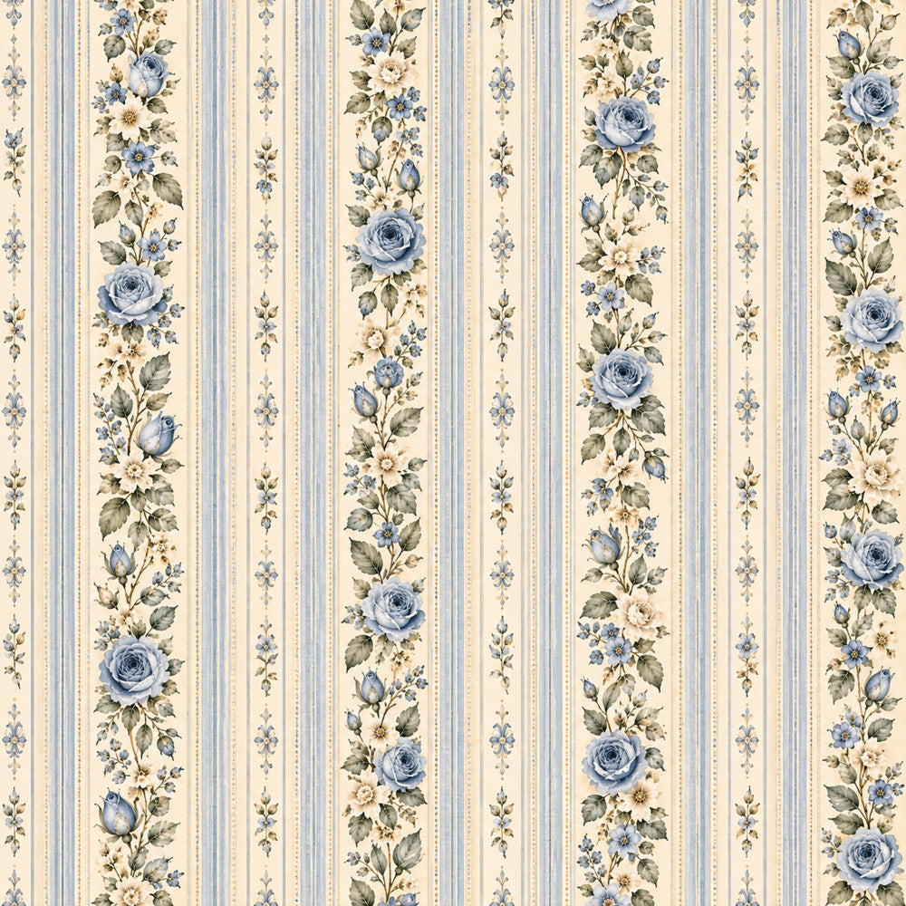soft blue roses, cream striped, vintage floral, dusty blue flowers, cream and blue, striped pattern, traditional style, elegant design, botanical prints, rose motifs, small flowers, delicate florals, cottage core, romantic style, classic floral, blue and cream, vertical stripes, spring flowers, garden theme, timeless pattern, heritage design, refined style, botanical elements, cream background, blue accents, victorian style, decorative stripes, nature inspired, shabby chic, nostalgic design