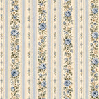 soft blue roses, cream striped, vintage floral, dusty blue flowers, cream and blue, striped pattern, traditional style, elegant design, botanical prints, rose motifs, small flowers, delicate florals, cottage core, romantic style, classic floral, blue and cream, vertical stripes, spring flowers, garden theme, timeless pattern, heritage design, refined style, botanical elements, cream background, blue accents, victorian style, decorative stripes, nature inspired, shabby chic, nostalgic design