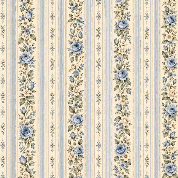 soft blue roses, cream striped, vintage floral, dusty blue flowers, cream and blue, striped pattern, traditional style, elegant design, botanical prints, rose motifs, small flowers, delicate florals, cottage core, romantic style, classic floral, blue and cream, vertical stripes, spring flowers, garden theme, timeless pattern, heritage design, refined style, botanical elements, cream background, blue accents, victorian style, decorative stripes, nature inspired, shabby chic, nostalgic design