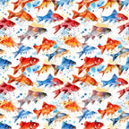 watercolor fish, aquatic pattern, red fish, blue fish, orange fish, swimming motif, sea creatures, artistic watercolor, splashes, paint drops,, fabric panel, marine life, colorful fish, watercolor style, ocean theme, repeating pattern, bright colors, fish silhouettes, aquarium design