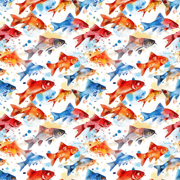 watercolor fish, aquatic pattern, red fish, blue fish, orange fish, swimming motif, sea creatures, artistic watercolor, splashes, paint drops,, fabric panel, marine life, colorful fish, watercolor style, ocean theme, repeating pattern, bright colors, fish silhouettes, aquarium design