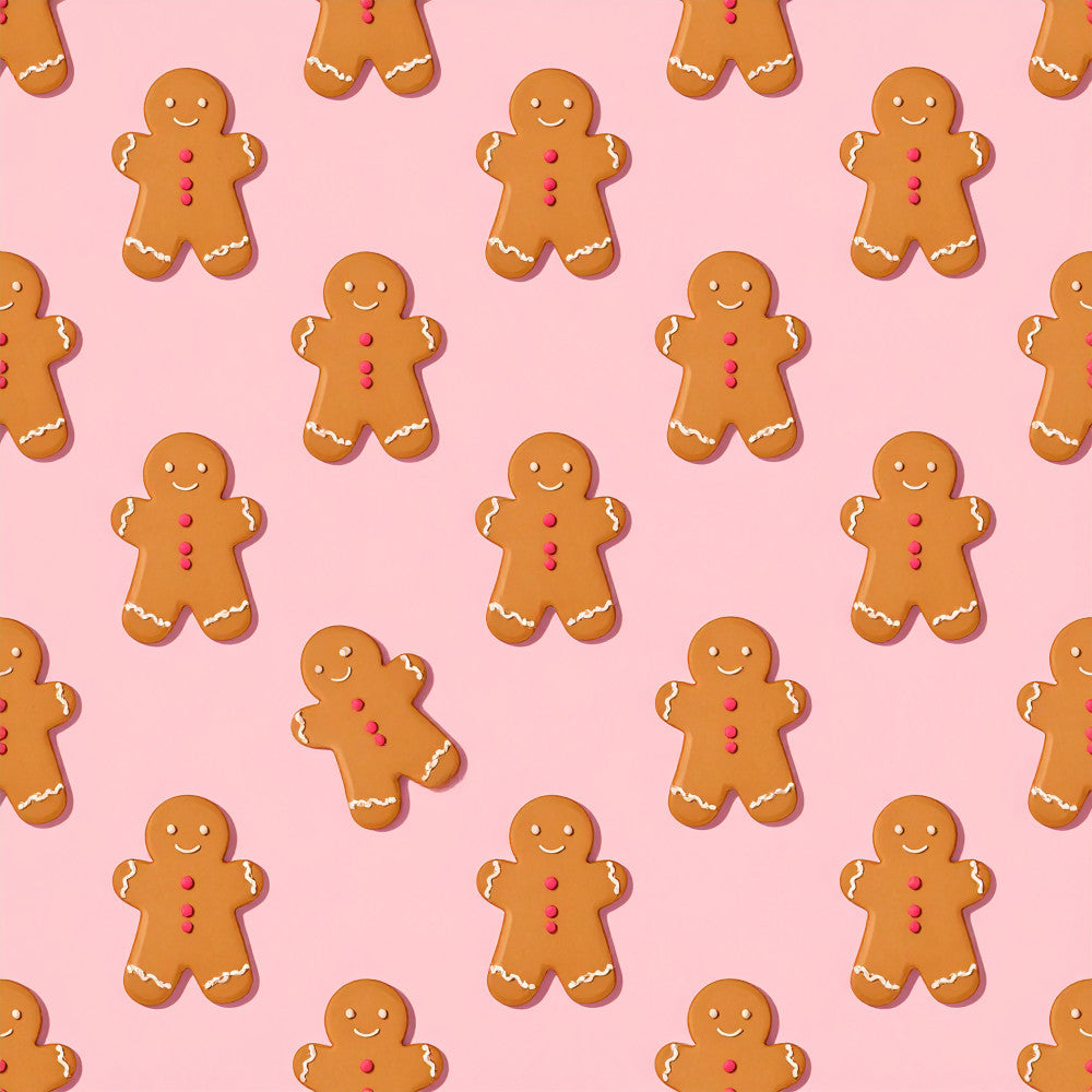 gingerbread man, holiday, christmas, festive, blush pink, tan brown, ginger, whimsical, cute, playful, children's, kids room, nursery, baby, seasonal, winter, cookie themed, baking, dessert, sweet treats, nursery decor, playroom, gender neutral, smiling faces, icing details, fun, cheerful, traditional holiday