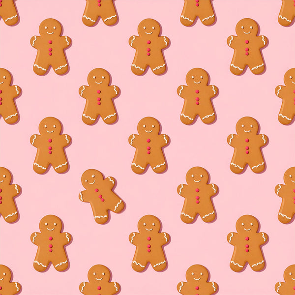 gingerbread man, holiday, christmas, festive, blush pink, tan brown, ginger, whimsical, cute, playful, children's, kids room, nursery, baby, seasonal, winter, cookie themed, baking, dessert, sweet treats, nursery decor, playroom, gender neutral, smiling faces, icing details, fun, cheerful, traditional holiday