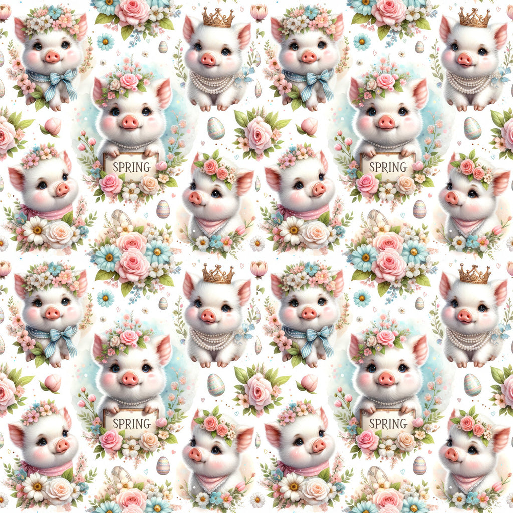 piglets, baby pigs, spring flowers, pastel pink, soft blue, cream white, floral crowns, pearl necklaces, golden crowns, bow ties, roses, daisies, easter eggs, whimsical pattern, cute animals,, fabric panel, repeating design, adorable characters, spring theme, nursery fabric
