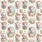 piglets, baby pigs, spring flowers, pastel pink, soft blue, cream white, floral crowns, pearl necklaces, golden crowns, bow ties, roses, daisies, easter eggs, whimsical pattern, cute animals,, fabric panel, repeating design, adorable characters, spring theme, nursery fabric