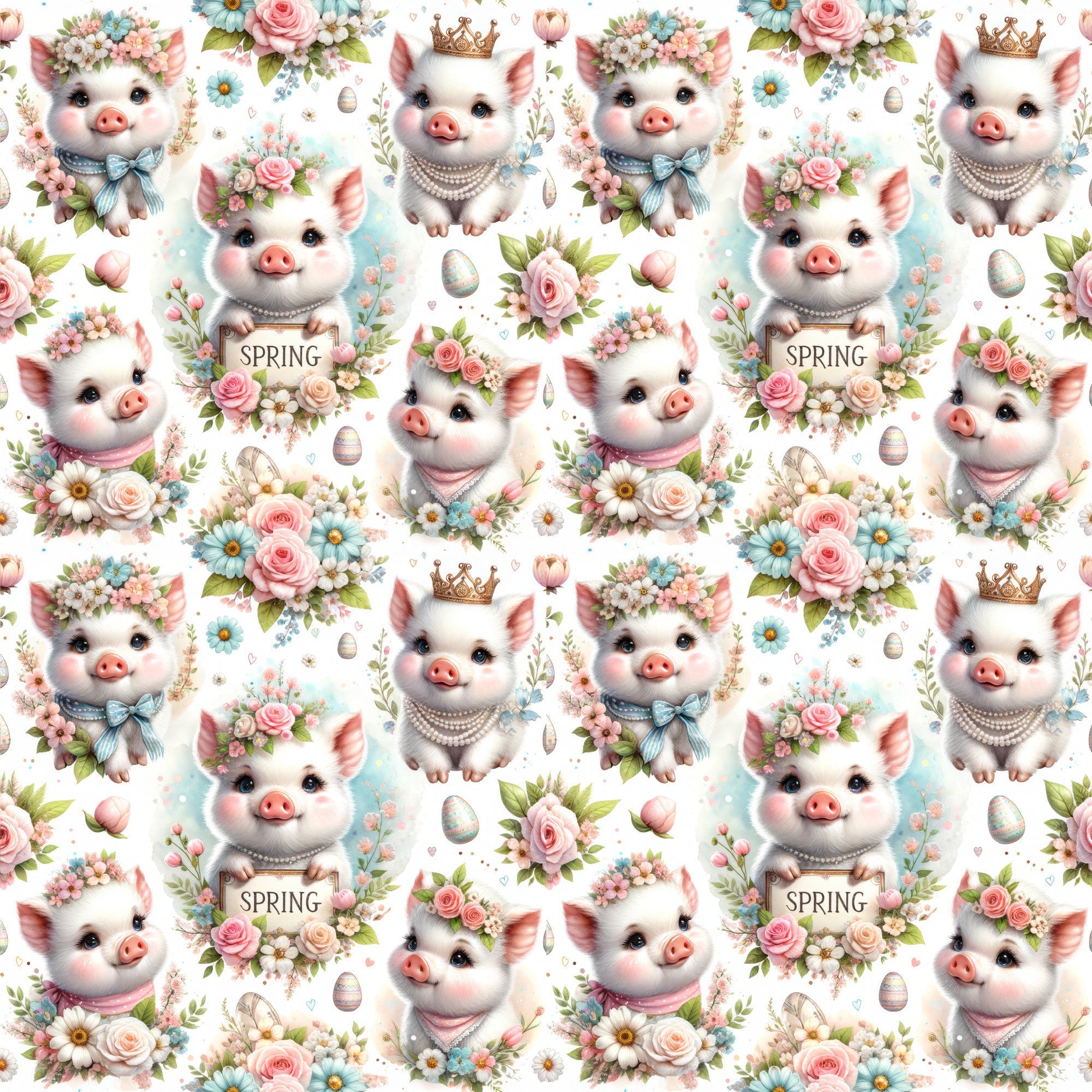 piglets, baby pigs, spring flowers, pastel pink, soft blue, cream white, floral crowns, pearl necklaces, golden crowns, bow ties, roses, daisies, easter eggs, whimsical pattern, cute animals,, fabric panel, repeating design, adorable characters, spring theme, nursery fabric