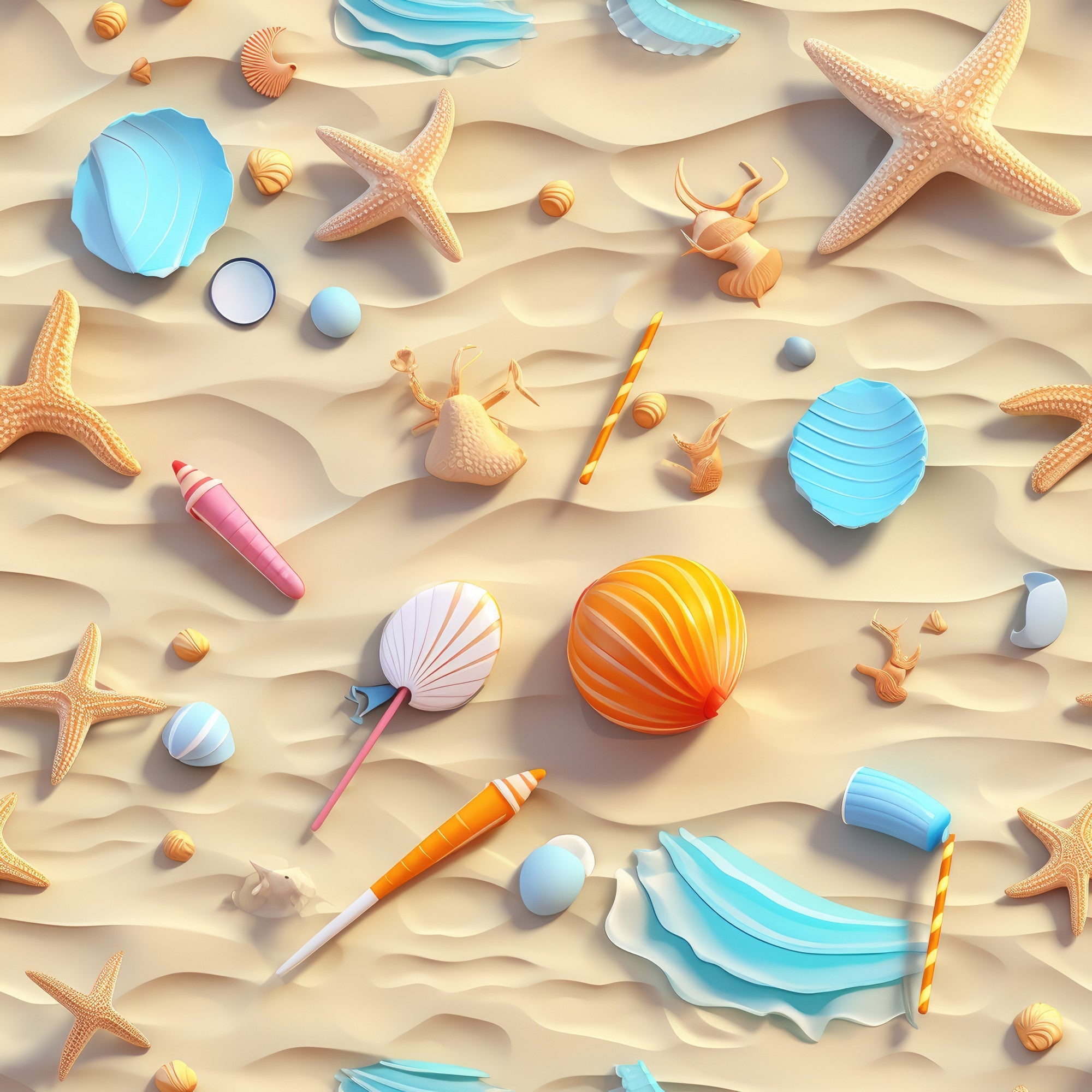 beach theme, sandy beige, turquoise blue, coral orange, seashells, starfish,, fabric panel, summer vibes, ocean treasures, coastal pattern, warm tones, nautical elements, seaside motif, tropical colors, marine life, beach vacation, soft pastels, repeating pattern, crafting material