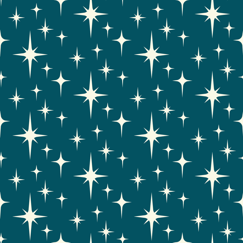 teal background, cream stars, white starbursts, atomic pattern, mid-century modern, retro design, geometric shapes, starburst motifs,, fabric panel, celestial theme, space age style, vintage inspired, repeating pattern, crafting material, sewing fabric, cotton textile, atomic era, modern aesthetic