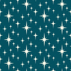 teal background, cream stars, white starbursts, atomic pattern, mid-century modern, retro design, geometric shapes, starburst motifs,, fabric panel, celestial theme, space age style, vintage inspired, repeating pattern, crafting material, sewing fabric, cotton textile, atomic era, modern aesthetic