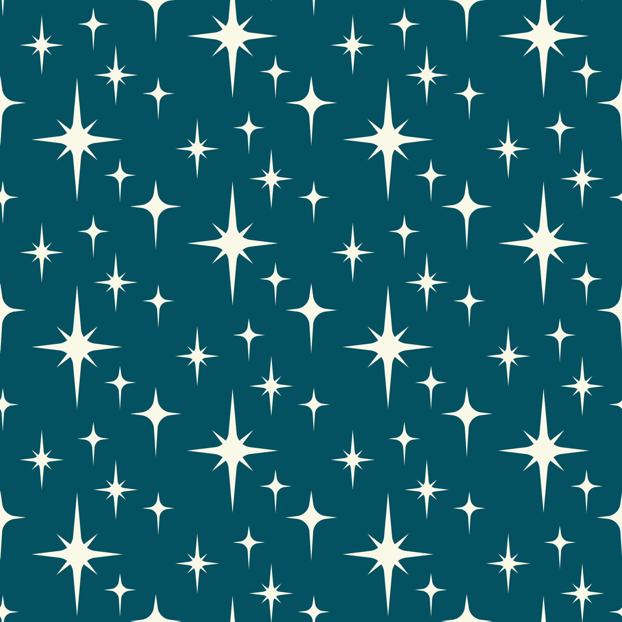 teal background, cream stars, white starbursts, atomic pattern, mid-century modern, retro design, geometric shapes, starburst motifs,, fabric panel, celestial theme, space age style, vintage inspired, repeating pattern, crafting material, sewing fabric, cotton textile, atomic era, modern aesthetic