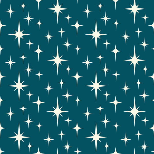 teal background, cream stars, white starbursts, atomic pattern, mid-century modern, retro design, geometric shapes, starburst motifs,, fabric panel, celestial theme, space age style, vintage inspired, repeating pattern, crafting material, sewing fabric, cotton textile, atomic era, modern aesthetic
