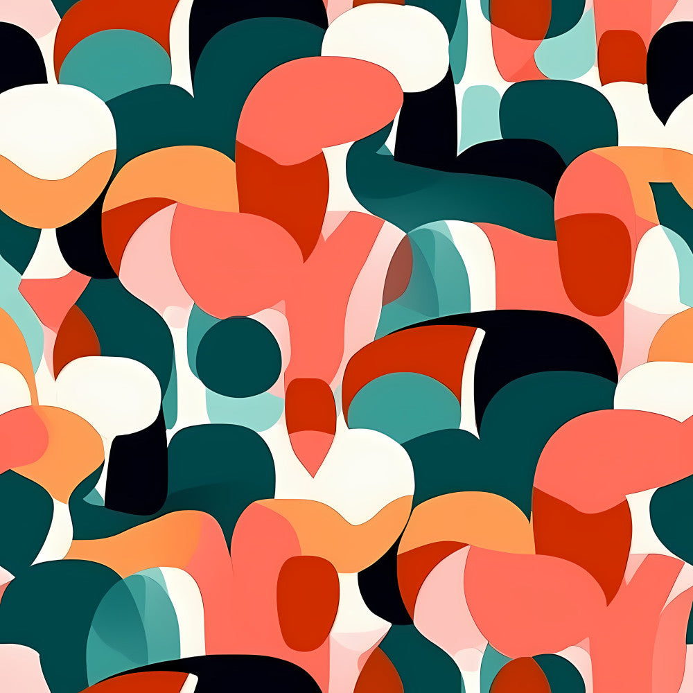 teal, coral pink, burnt orange, cream, black, light blue, abstract, geometric, modern, contemporary, retro, mid-century modern, whimsical, playful, colorful, wavy shapes, curved patterns, organic shapes, contemporary art, bold colors, vibrant, artistic, nursery, playroom, kids room, baby, children's