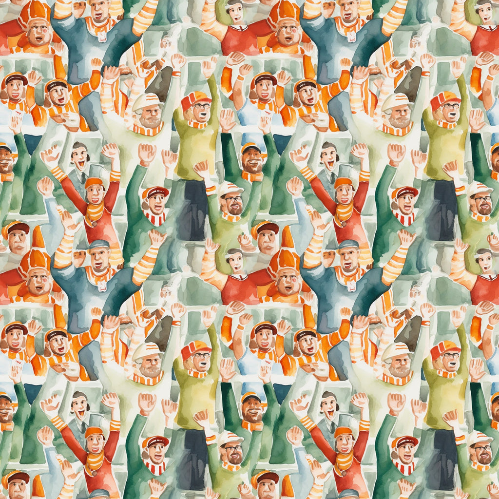 watercolor, football fans, crowd pattern, orange, green, red, yellow, sports theme, cheering people, stadium crowd,, fabric panel, repeating pattern, energetic mood, autumn colors, team spirit, spectators, waving hands, casual clothing, sports enthusiasts
