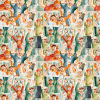 watercolor, football fans, crowd pattern, orange, green, red, yellow, sports theme, cheering people, stadium crowd,, fabric panel, repeating pattern, energetic mood, autumn colors, team spirit, spectators, waving hands, casual clothing, sports enthusiasts
