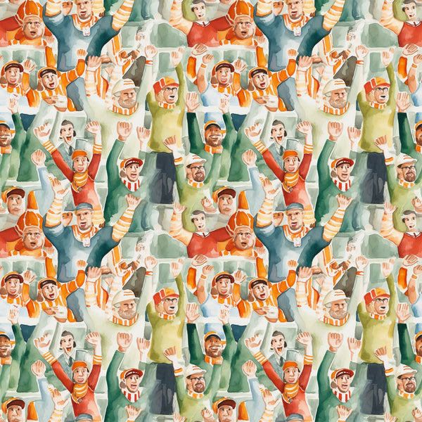 watercolor, football fans, crowd pattern, orange, green, red, yellow, sports theme, cheering people, stadium crowd,, fabric panel, repeating pattern, energetic mood, autumn colors, team spirit, spectators, waving hands, casual clothing, sports enthusiasts