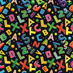 alphabet letters, colorful letters, back to school, educational theme, bright colors, rainbow colors, black background, scattered pattern, learning motif,, fabric panel, children's fabric, school supplies theme, multicolored design, geometric shapes, playful pattern, primary colors, craft fabric, sewing material, vibrant hues
