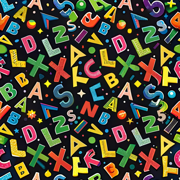alphabet letters, colorful letters, back to school, educational theme, bright colors, rainbow colors, black background, scattered pattern, learning motif,, fabric panel, children's fabric, school supplies theme, multicolored design, geometric shapes, playful pattern, primary colors, craft fabric, sewing material, vibrant hues