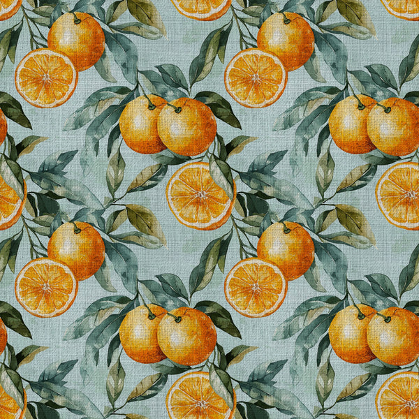 citrus orange, fresh oranges, orange slices, light blue background, pale blue, sage green leaves, botanical, fruit pattern, citrus fruit, nature theme, garden theme, summer, spring, tropical, fresh produce, vibrant, botanical illustration, watercolor style, vintage botanical, kitchen decor, farmhouse style, whimsical, cheerful, bright and airy, natural motifs, leafy branches, citrus grove, orchard theme, nursery decor