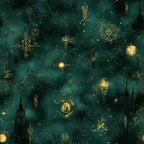 forest green, teal, deep emerald, gold, metallic gold, celestial, magical, mystical, witchy, enchanted, stars, moon, constellation, geometric, abstract, botanical, ornamental, elegant, whimsical, fantasy, gothic, dark academia, night sky, cosmic, spell book, castle, towers, nature, ethereal, dreamy