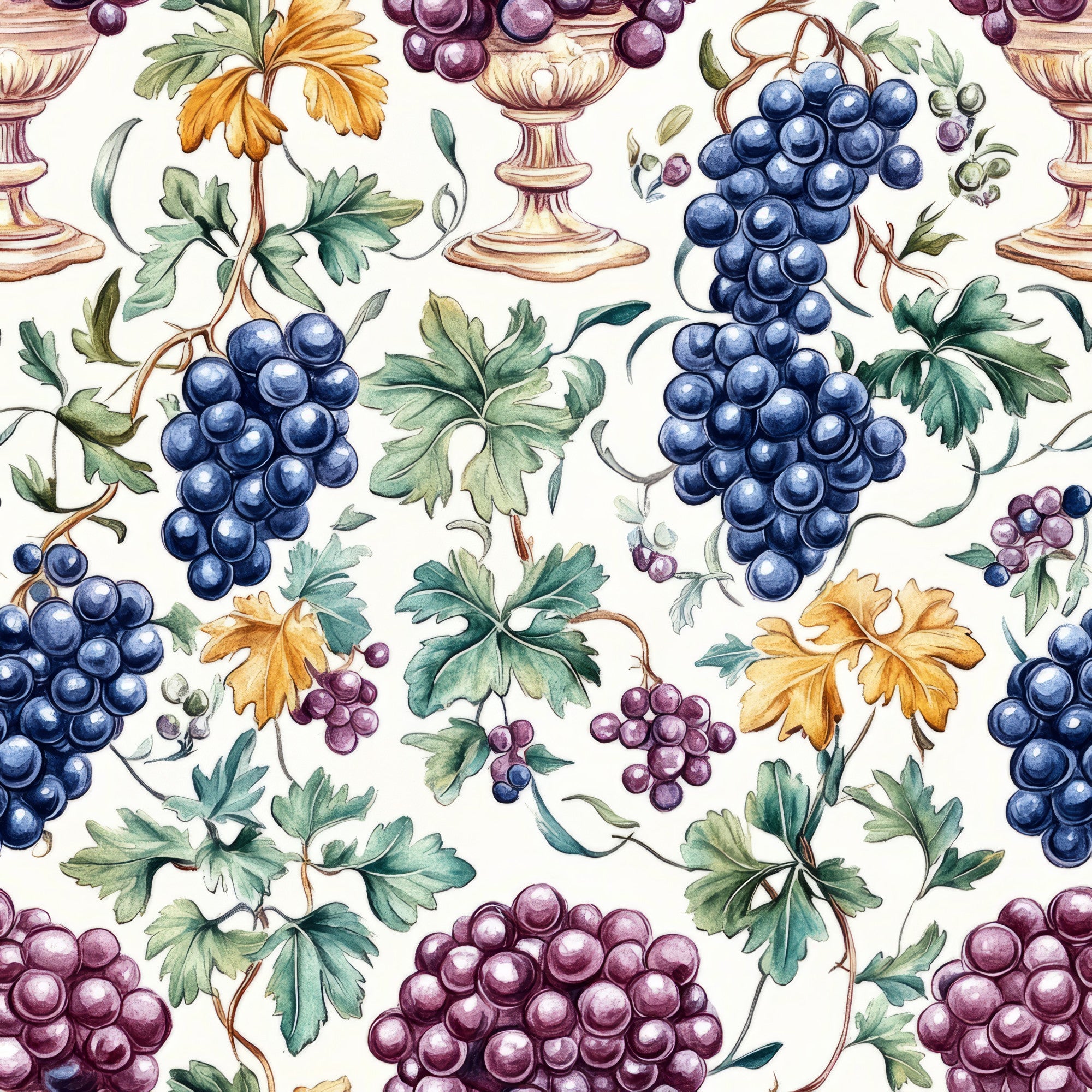 grape clusters, vineyard motif, wine chalices, grapevines, botanical pattern, purple grapes, blue grapes, green leaves, golden leaves, autumn colors, watercolor style, repeating pattern,, fabric panel, harvest theme, wine country, elegant goblets, vine tendrils, seasonal foliage, ornate chalices