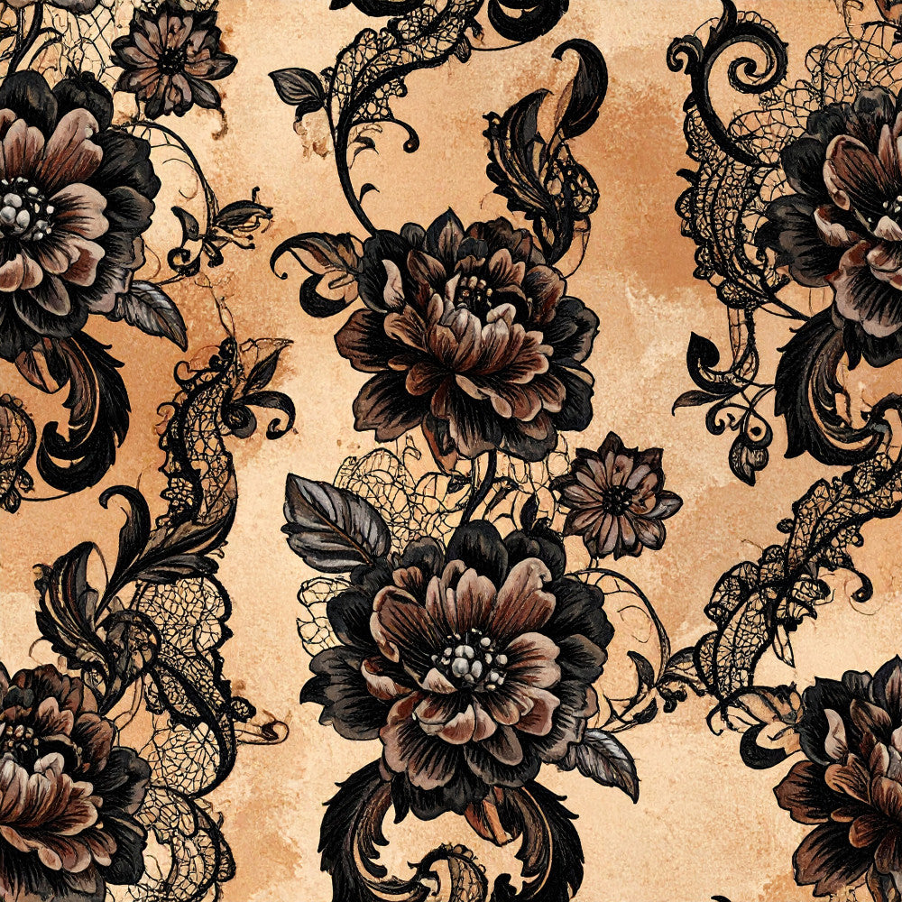 cream, beige, tan, black, dark brown, burgundy, vintage floral, damask, ornamental, lace detail, filigree, scrollwork, botanical, nature-inspired, elegant, romantic, victorian, traditional, ornate, peonies, roses, decorative leaves, curling vines, antique, classic, timeless, formal, sophisticated, home decor, upholstery