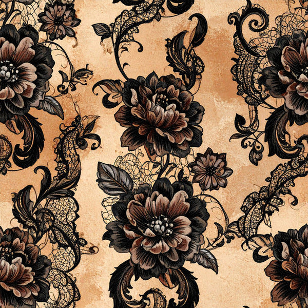 cream, beige, tan, black, dark brown, burgundy, vintage floral, damask, ornamental, lace detail, filigree, scrollwork, botanical, nature-inspired, elegant, romantic, victorian, traditional, ornate, peonies, roses, decorative leaves, curling vines, antique, classic, timeless, formal, sophisticated, home decor, upholstery