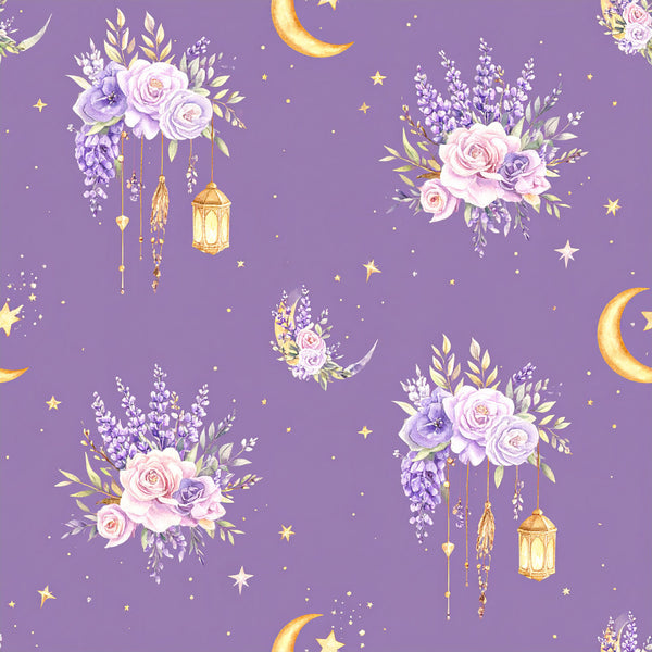 lavender purple, pale pink, dusty rose, gold, celestial, moon, stars, floral, roses, wisteria, dreamy, whimsical, elegant, romantic, nature, hanging lanterns, botanical, lavender flowers, night sky, magical, enchanted, sweet, delicate, soft, feminine, nursery, baby girl, bedtime, starry night, vintage floral