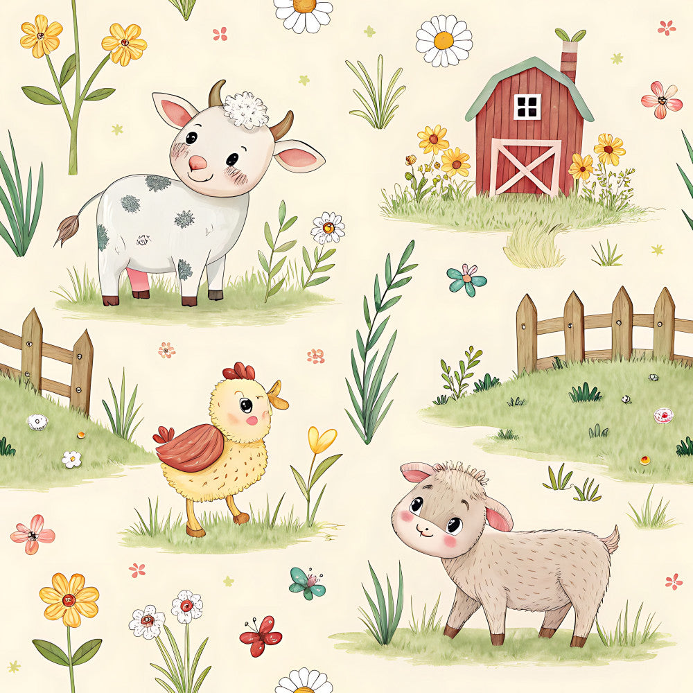farm animals, farmhouse, whimsical, pastoral, spring, nature, countryside, cow, chicken, goat, sheep, red barn, wildflowers, daisies, yellow flowers, white flowers, coral pink, cream, soft green, sage green, rustic, children's, kids room, nursery, playroom, baby shower, illustrative, cute animals, country style, garden theme