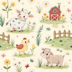 farm animals, farmhouse, whimsical, pastoral, spring, nature, countryside, cow, chicken, goat, sheep, red barn, wildflowers, daisies, yellow flowers, white flowers, coral pink, cream, soft green, sage green, rustic, children's, kids room, nursery, playroom, baby shower, illustrative, cute animals, country style, garden theme