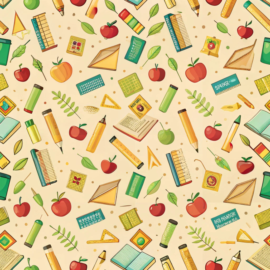 cream background, red apples, green leaves, yellow pencils, school supplies, rulers, triangles, books, educational theme, back to school, scattered pattern, bright colors, teal accents, orange elements,, fabric panel, cheerful design, learning motifs, classroom items, geometric shapes