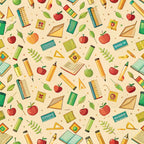 cream background, red apples, green leaves, yellow pencils, school supplies, rulers, triangles, books, educational theme, back to school, scattered pattern, bright colors, teal accents, orange elements,, fabric panel, cheerful design, learning motifs, classroom items, geometric shapes