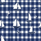 navy blue, white, gingham pattern, checkered background, sailboats, seagulls, nautical theme, maritime motifs, sailing vessels, birds in flight, ocean theme, coastal design,, fabric panel, blue and white, geometric checks, watercraft, nautical silhouettes, marine life, seaside pattern