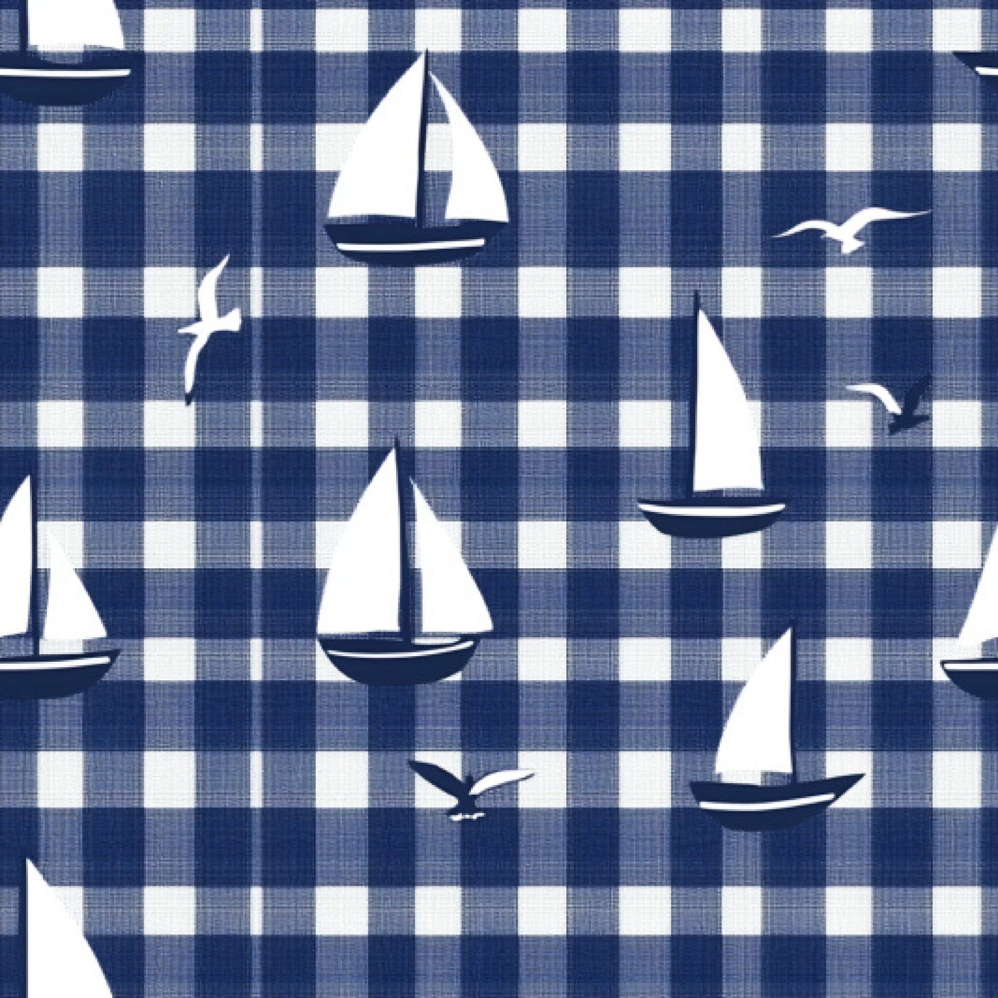navy blue, white, gingham pattern, checkered background, sailboats, seagulls, nautical theme, maritime motifs, sailing vessels, birds in flight, ocean theme, coastal design,, fabric panel, blue and white, geometric checks, watercraft, nautical silhouettes, marine life, seaside pattern