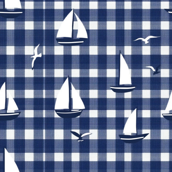 navy blue, white, gingham pattern, checkered background, sailboats, seagulls, nautical theme, maritime motifs, sailing vessels, birds in flight, ocean theme, coastal design,, fabric panel, blue and white, geometric checks, watercraft, nautical silhouettes, marine life, seaside pattern