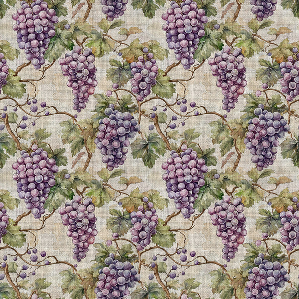 purple grapes, grape bunches, grapevine, mauve, dusty purple, sage green, olive green, cream, beige, brown branches, botanical, nature-inspired, vintage, traditional, elegant, rustic, farmhouse, garden theme, vineyard, wine country, autumn, fall, harvest, leaves, vines, detailed illustration, cottage style, timeless design