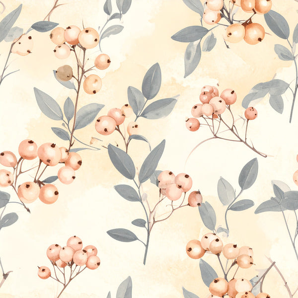 peach, coral pink, cream, beige, gray, sage green, botanical, floral, berries, nature, vintage, elegant, botanical illustration, watercolor, delicate, soft, feminine, rustic, farmhouse, autumn, fall, spring, rowan berries, branches, leaves, natural, serene, calming, garden, wildflower