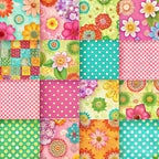 spring flowers, patchwork squares,, fabric panel, floral motifs, polka dots, checkered pattern, pink, turquoise, green, orange, yellow, bright colors, daisy flowers, geometric blocks, cheerful mood, vibrant hues, cotton fabric, pieced squares, colorful blooms