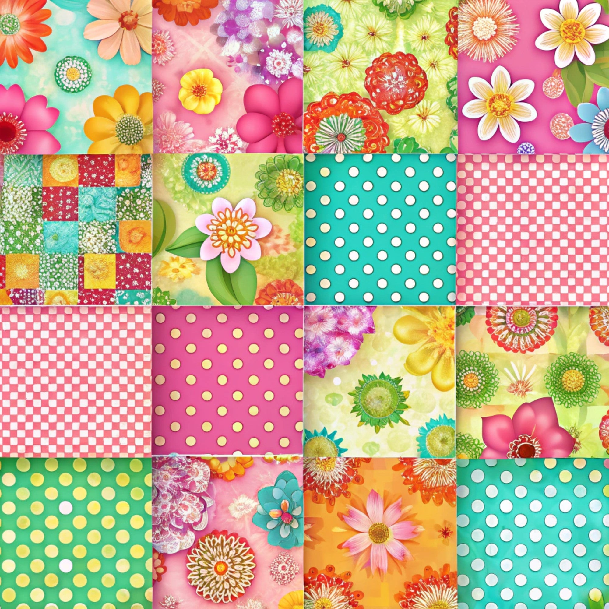 spring flowers, patchwork squares,, fabric panel, floral motifs, polka dots, checkered pattern, pink, turquoise, green, orange, yellow, bright colors, daisy flowers, geometric blocks, cheerful mood, vibrant hues, cotton fabric, pieced squares, colorful blooms