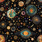 cosmic, celestial, planets, stars, solar system, space theme, black background, orange, blue, teal, gold, multicolored, geometric circles, astronomy, universe,, fabric panel, whimsical art, decorative motifs, scattered pattern