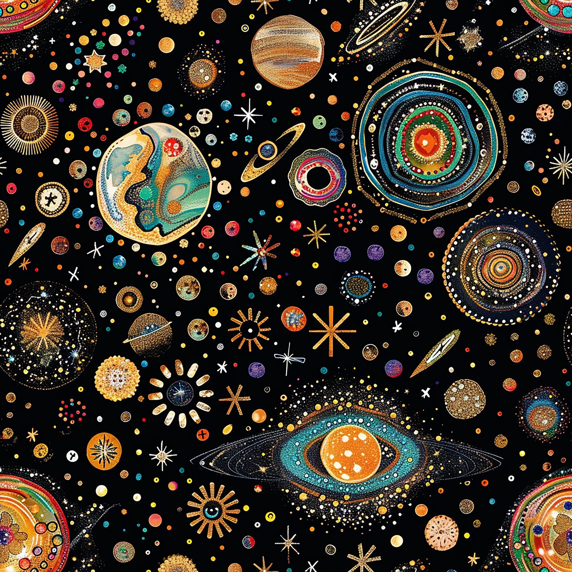 cosmic, celestial, planets, stars, solar system, space theme, black background, orange, blue, teal, gold, multicolored, geometric circles, astronomy, universe,, fabric panel, whimsical art, decorative motifs, scattered pattern