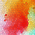 mosaic pattern, stained glass, geometric shapes, red center, orange gradient, yellow tones, pink shades, green accents, blue highlights, purple edges, radial design, cellular pattern, honeycomb texture, warm colors, cool colors, abstract art,, fabric panel, craft material, patchwork design