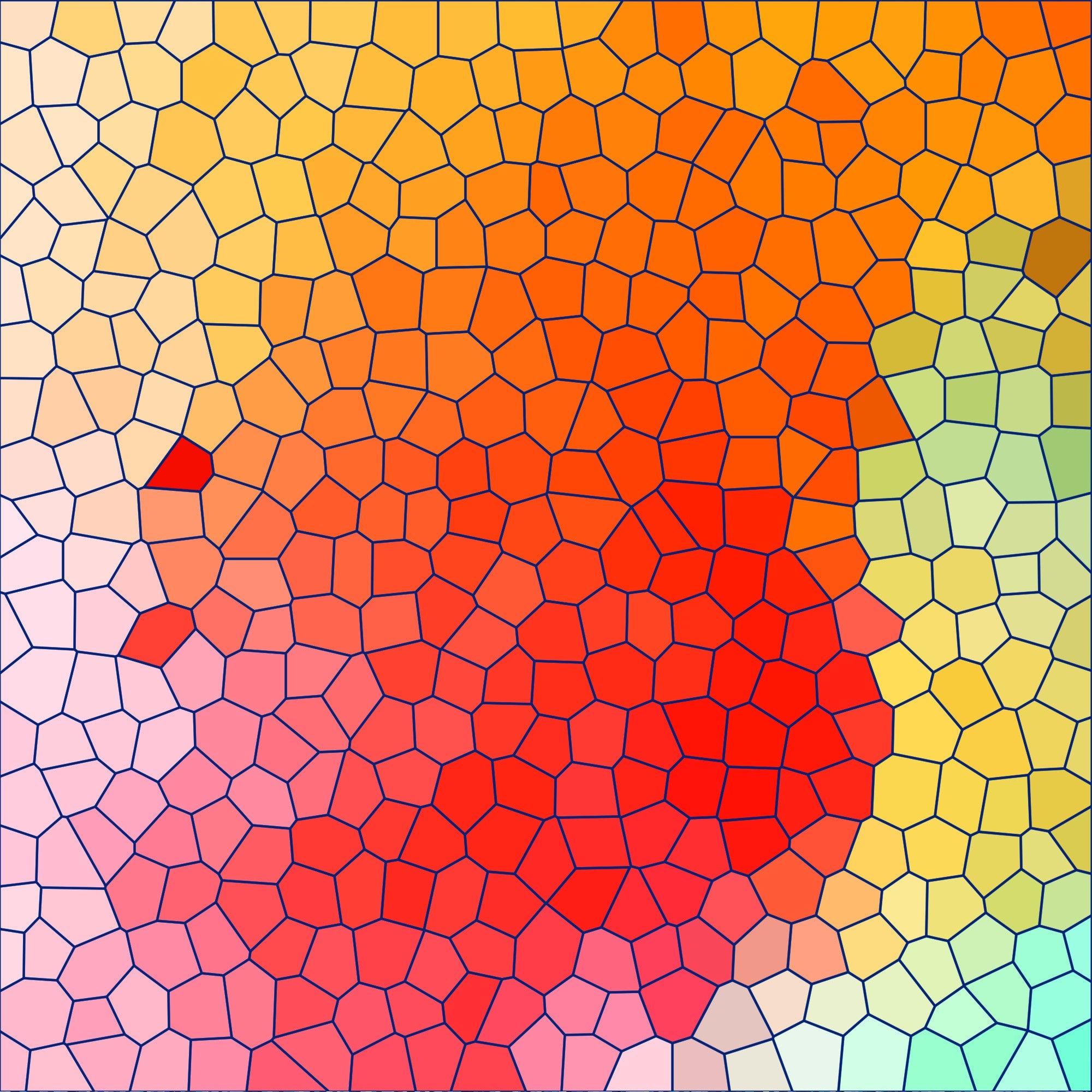 mosaic pattern, stained glass, geometric shapes, red center, orange gradient, yellow tones, pink shades, green accents, blue highlights, purple edges, radial design, cellular pattern, honeycomb texture, warm colors, cool colors, abstract art,, fabric panel, craft material, patchwork design