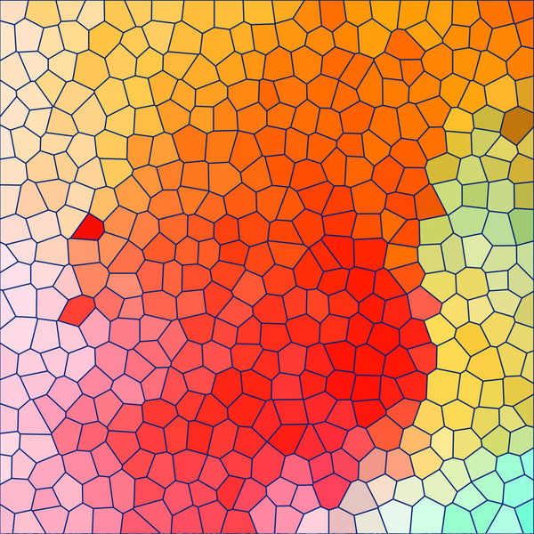 mosaic pattern, stained glass, geometric shapes, red center, orange gradient, yellow tones, pink shades, green accents, blue highlights, purple edges, radial design, cellular pattern, honeycomb texture, warm colors, cool colors, abstract art,, fabric panel, craft material, patchwork design