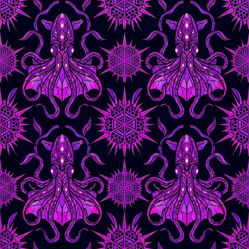 magenta, purple, neon purple, hot pink, bright pink, dark purple, cosmic purple, electric purple, octopus, tentacles, cthulhu, cosmic horror, alien, sea creature, geometric, symmetrical, ornate, mystical, gothic, dark, occult, esoteric, spiky, radial pattern, mandala-inspired, celestial, otherworldly, gamer, sci-fi, fantasy