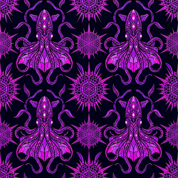 magenta, purple, neon purple, hot pink, bright pink, dark purple, cosmic purple, electric purple, octopus, tentacles, cthulhu, cosmic horror, alien, sea creature, geometric, symmetrical, ornate, mystical, gothic, dark, occult, esoteric, spiky, radial pattern, mandala-inspired, celestial, otherworldly, gamer, sci-fi, fantasy