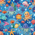 magical sea, underwater scene, cute sea creatures, jellyfish, tropical fish, starfish, octopus, coral reef, seaweed, bubbles, blue ocean, turquoise, pink, orange, purple, yellow, whimsical cartoon style, cheerful characters,, fabric panel, sea life pattern, aquatic theme, bright colors, playful design
