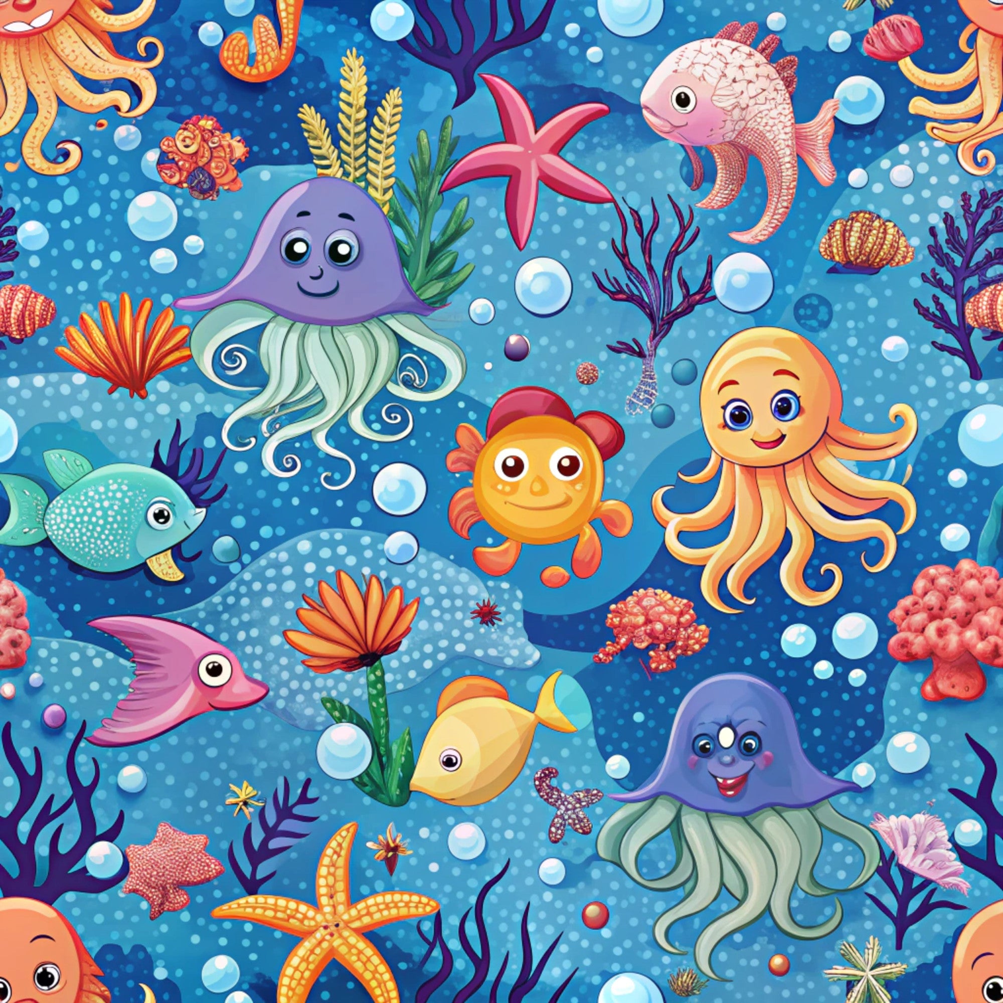 magical sea, underwater scene, cute sea creatures, jellyfish, tropical fish, starfish, octopus, coral reef, seaweed, bubbles, blue ocean, turquoise, pink, orange, purple, yellow, whimsical cartoon style, cheerful characters,, fabric panel, sea life pattern, aquatic theme, bright colors, playful design