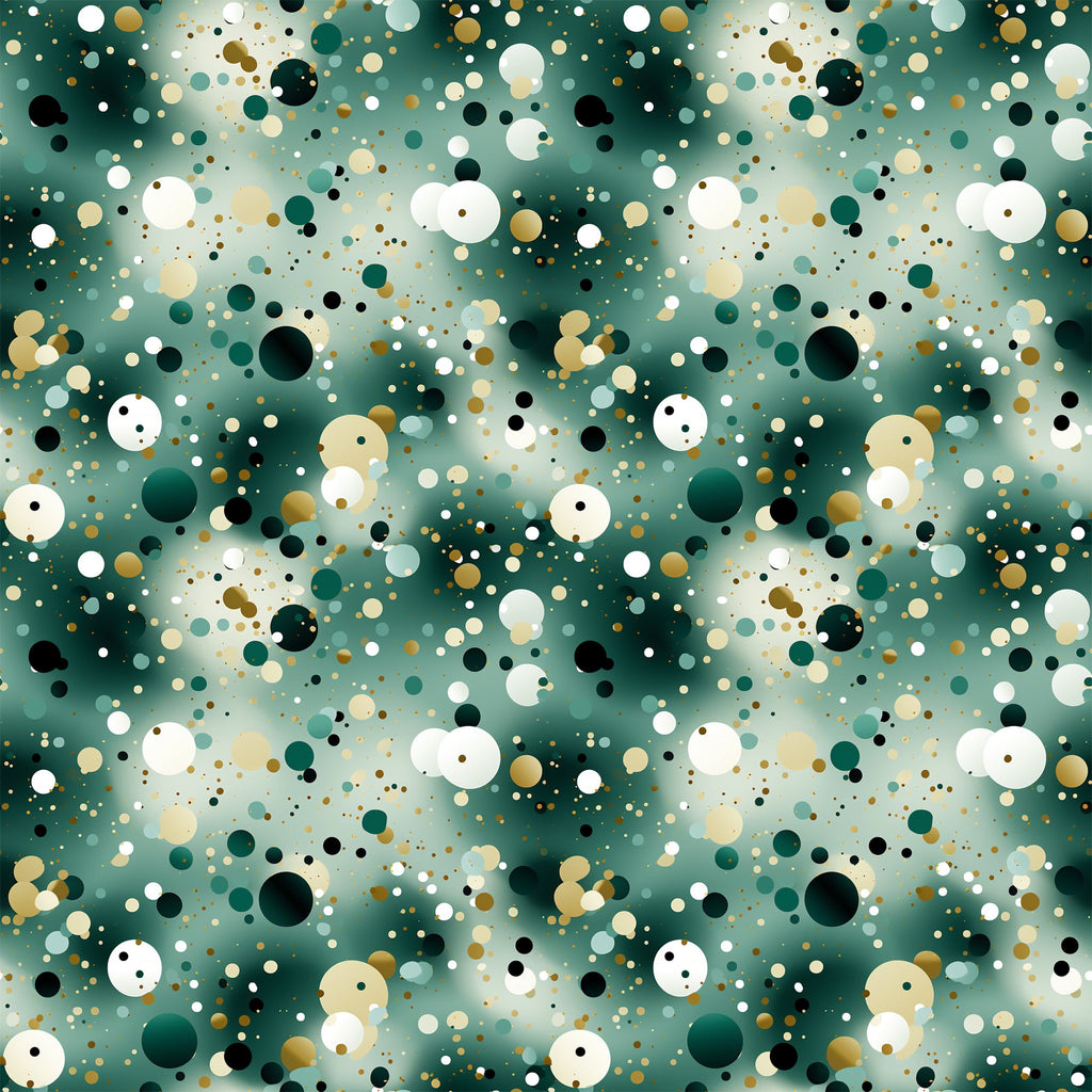 green, teal, emerald, white, cream, beige, black, gold, confetti pattern, scattered circles, polka dots, abstract design, geometric shapes, modern style, festive, celebratory,, fabric panel, party theme, contemporary pattern, bubble design, random placement, multi-sized dots