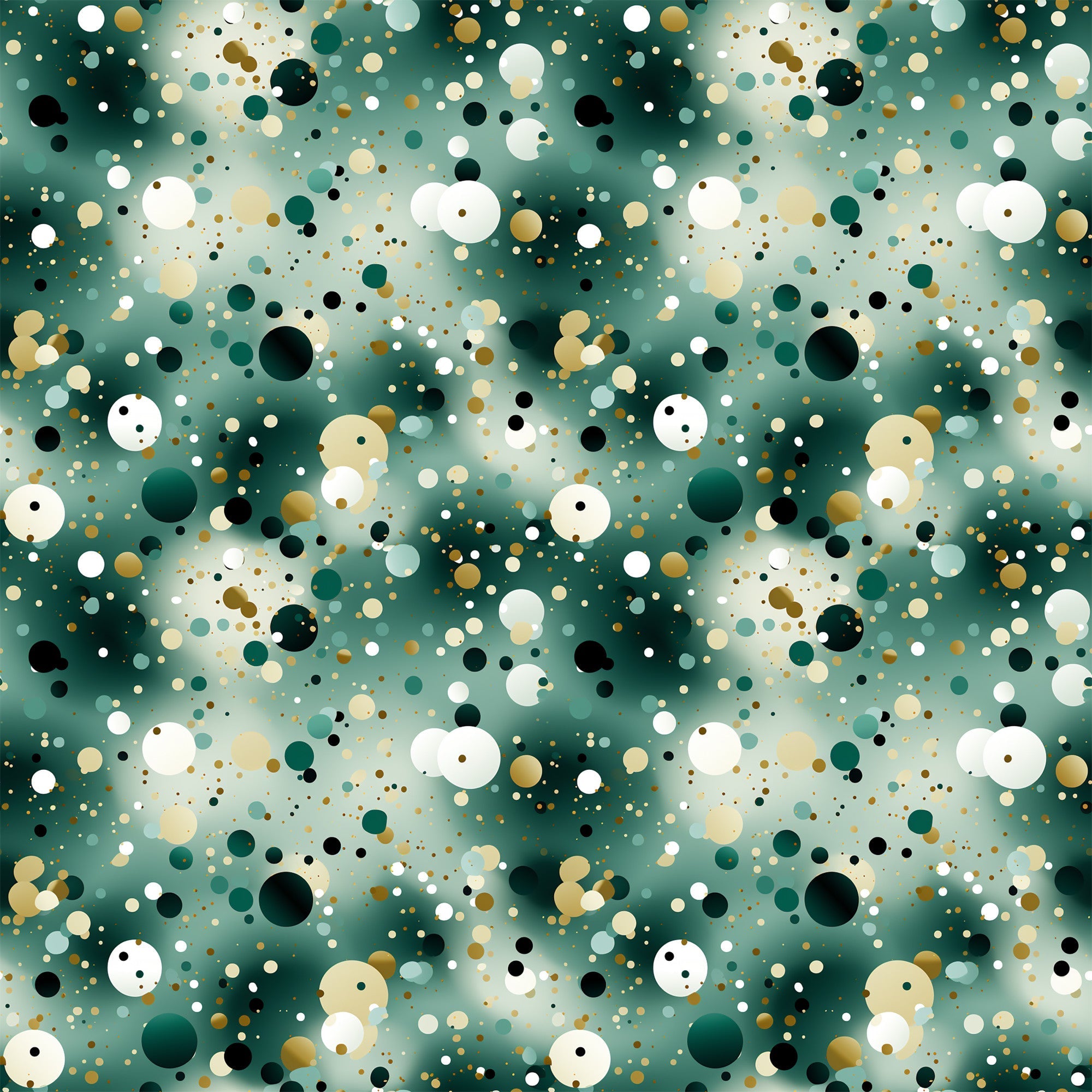green, teal, emerald, white, cream, beige, black, gold, confetti pattern, scattered circles, polka dots, abstract design, geometric shapes, modern style, festive, celebratory,, fabric panel, party theme, contemporary pattern, bubble design, random placement, multi-sized dots