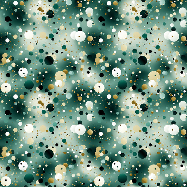 green, teal, emerald, white, cream, beige, black, gold, confetti pattern, scattered circles, polka dots, abstract design, geometric shapes, modern style, festive, celebratory,, fabric panel, party theme, contemporary pattern, bubble design, random placement, multi-sized dots